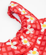 Frugi kids coral swim suit in check and daisy chain design collar detail