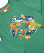 A close up of the Frugi kids terrific applique top in holly green/birds showing the neck and applique detail on dark green organic cotton fabric.