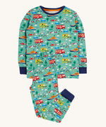 Frugi green pyjama set to the rescue design on a cream background.