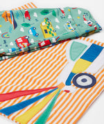 Frugi orange stripe to the rescue design front and leg  print detail