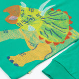 Frugi kids green stop in a green colour with a triceratops design embroidery detail