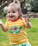 Frugi yellow striped tshirt tortoise and flower design 