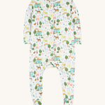 Frugi white baby grow farm life design on a cream background