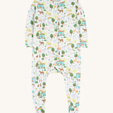 Frugi white baby grow farm life design on a cream background