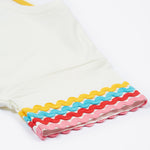 Frugi kids white short sleeve t-shirt with a rainbow trim on the sleeve, sleeve detail