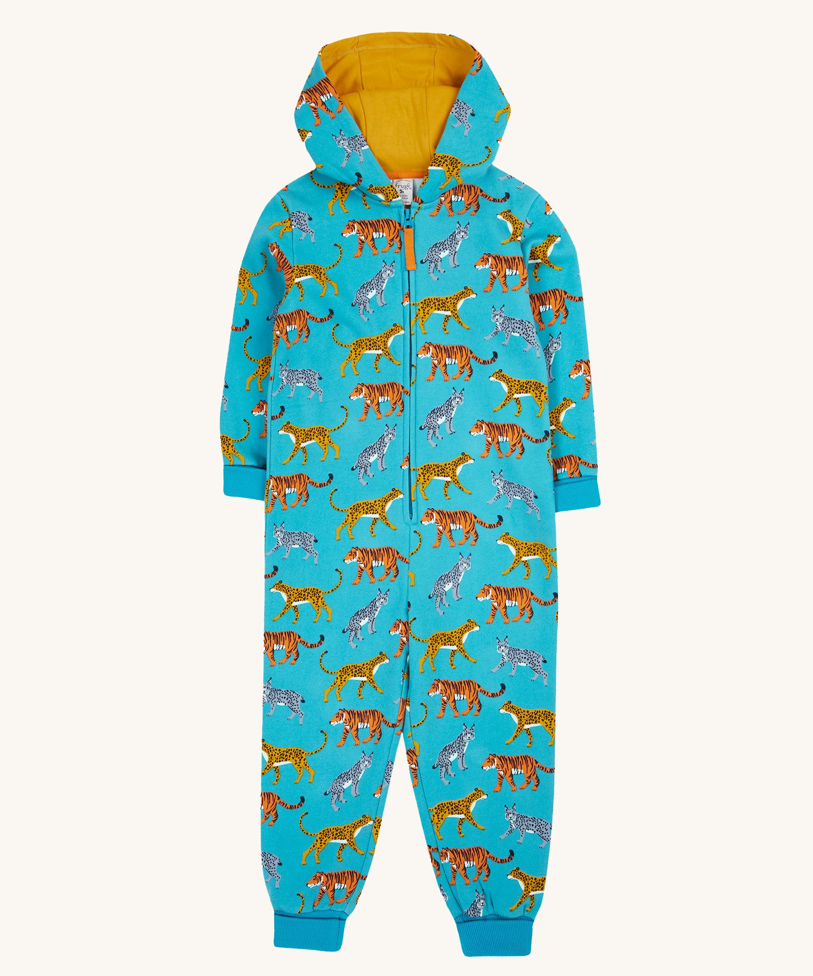 Frugi Organic Cotton blue wild cats print Children's Big Snuggle Suit. This all in one snuggle suit is a part of a wide range of organic cotton clothing for children available here at Babipur. 