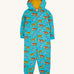 Frugi Organic Cotton blue wild cats print Children's Big Snuggle Suit. This all in one snuggle suit is a part of a wide range of organic cotton clothing for children available here at Babipur. 