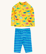 Frugi yellow, blue stripe sun safe dino roar design set on a cream background.