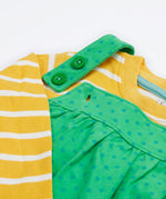 Frugi yellow stripe green spots pinafore outfit lady bird design shoulder detail