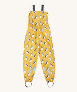 Frugi yellow puddle buster trousers puffin design on a cream background.