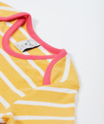 Frugi yellow striped tshirt tortoise and flower design collar detail.