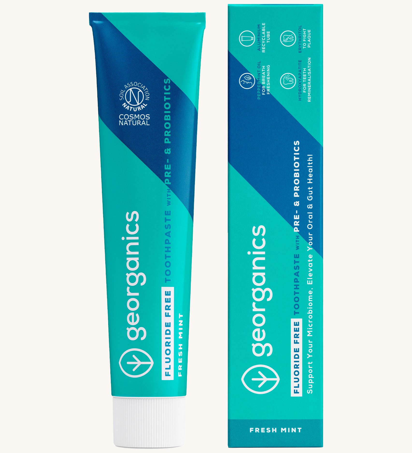 Georganics fluoride free toothpaste with pre and prebiotcs in fresh mint flavour available at Babipur standing next to the matching turquoise cardboard packaging.