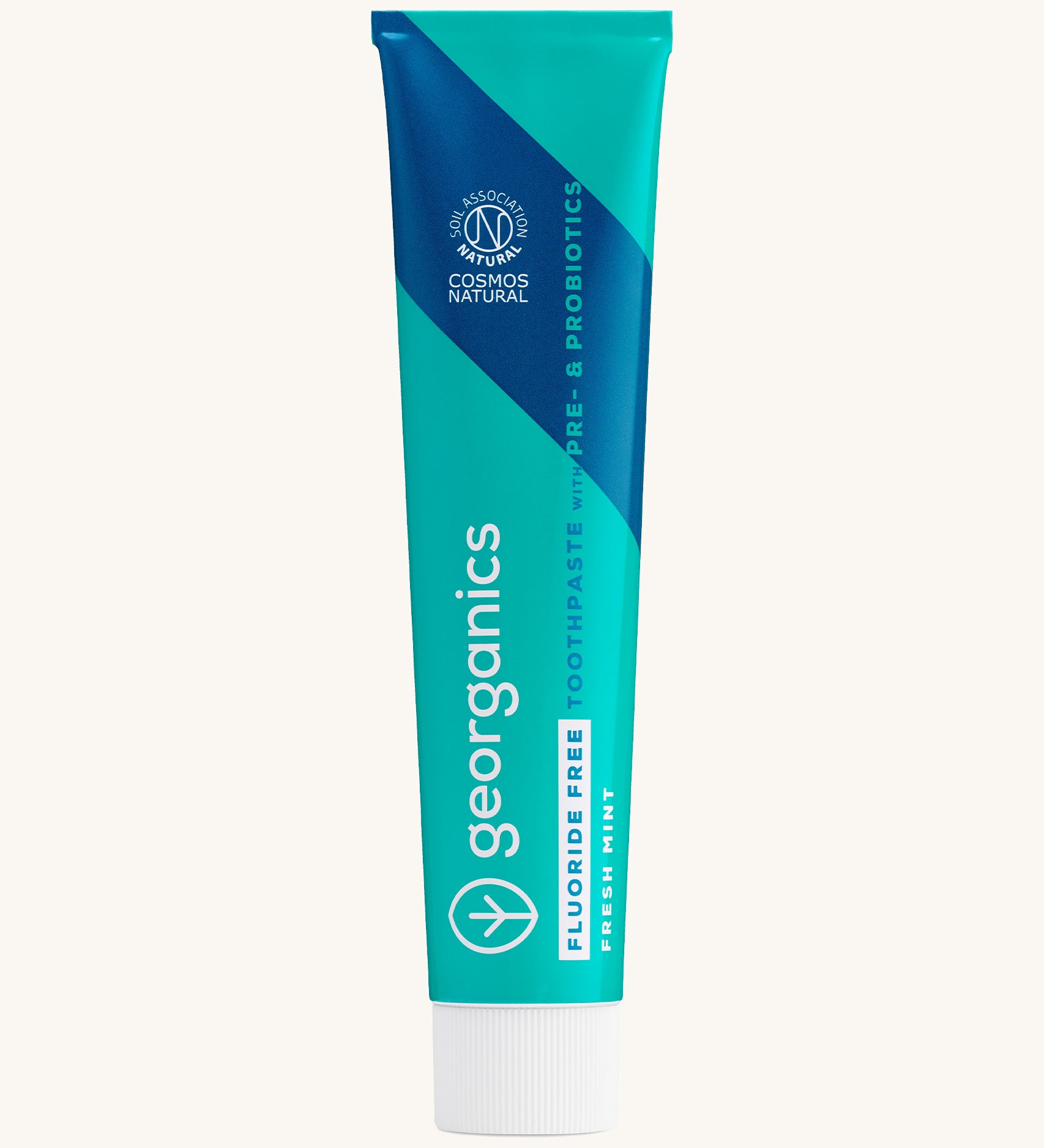 Georganics fluoride free toothpaste with pre and prebiotcs in fresh mint flavour available at Babipur. Toothpaste comes in a turquoise tube with a white lid and branding.