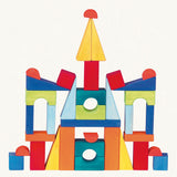 Glückskäfer large Toscana Wooden Toy Building Blocks, 36 pieces in rainbow colours, featuring cubes, bridges, triangles and rectangles. 