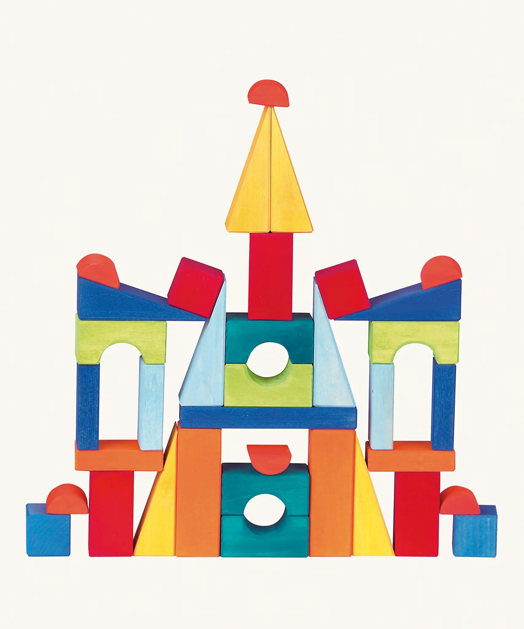 Glückskäfer large Toscana Wooden Toy Building Blocks, 36 pieces in rainbow colours, featuring cubes, bridges, triangles and rectangles. 