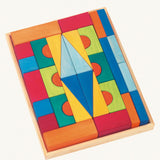 Glückskäfer 36-Piece Large Toscana Wooden Toy Building Blocks in wooden tray, rainbow colours featuring cubes, bridges, triangles and rectangles. 
