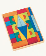 Glückskäfer 36-Piece Large Toscana Wooden Toy Building Blocks in wooden tray, rainbow colours featuring cubes, bridges, triangles and rectangles. 
