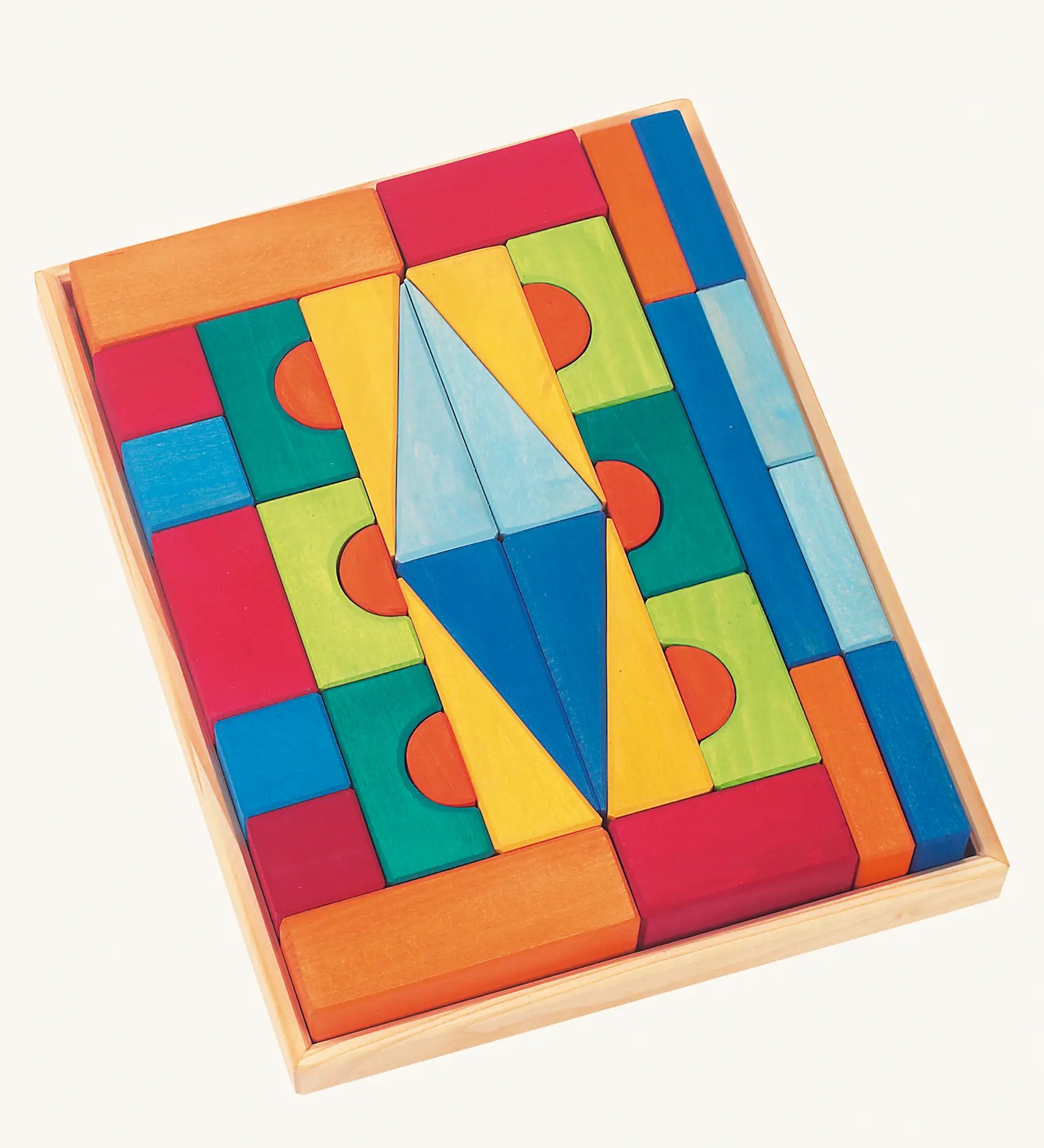 Glückskäfer 36-Piece Large Toscana Wooden Toy Building Blocks in wooden tray, rainbow colours featuring cubes, bridges, triangles and rectangles. 
