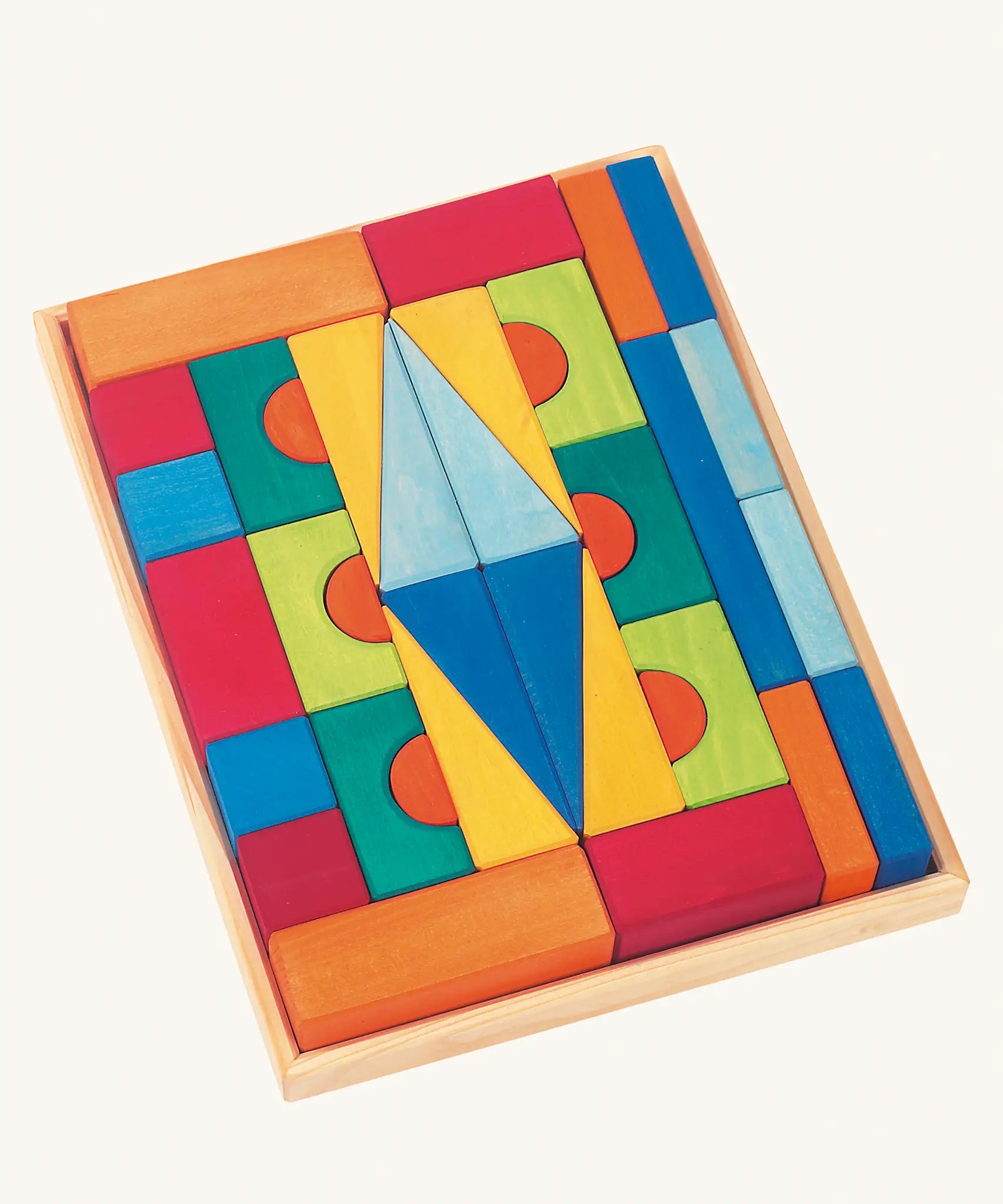 Glückskäfer 36-Piece Large Toscana Wooden Toy Building Blocks in wooden tray, rainbow colours featuring cubes, bridges, triangles and rectangles. 
