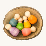 A set of 6 Grapat baby nin peg dolls available at Babipur. These small peg dolls are hand made and hand painted