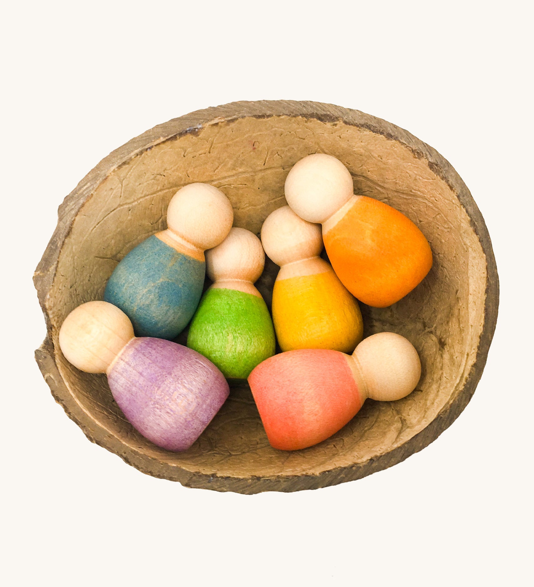 A set of 6 Grapat baby nin peg dolls available at Babipur. These small peg dolls are hand made and hand painted