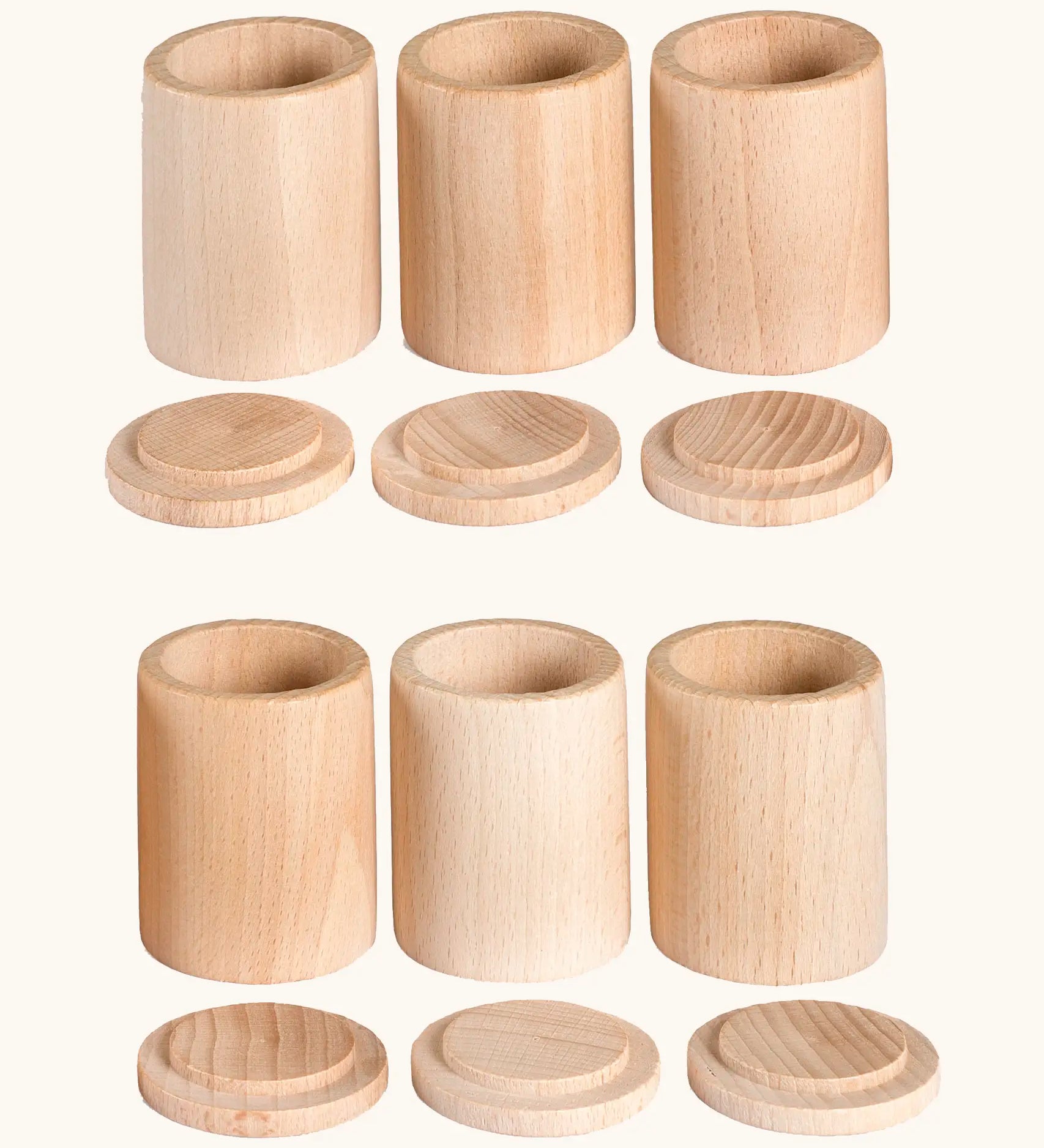 A set of 6 Grapat handcrafted unpainted wooden cups with matching lids, perfect for sorting and creative play