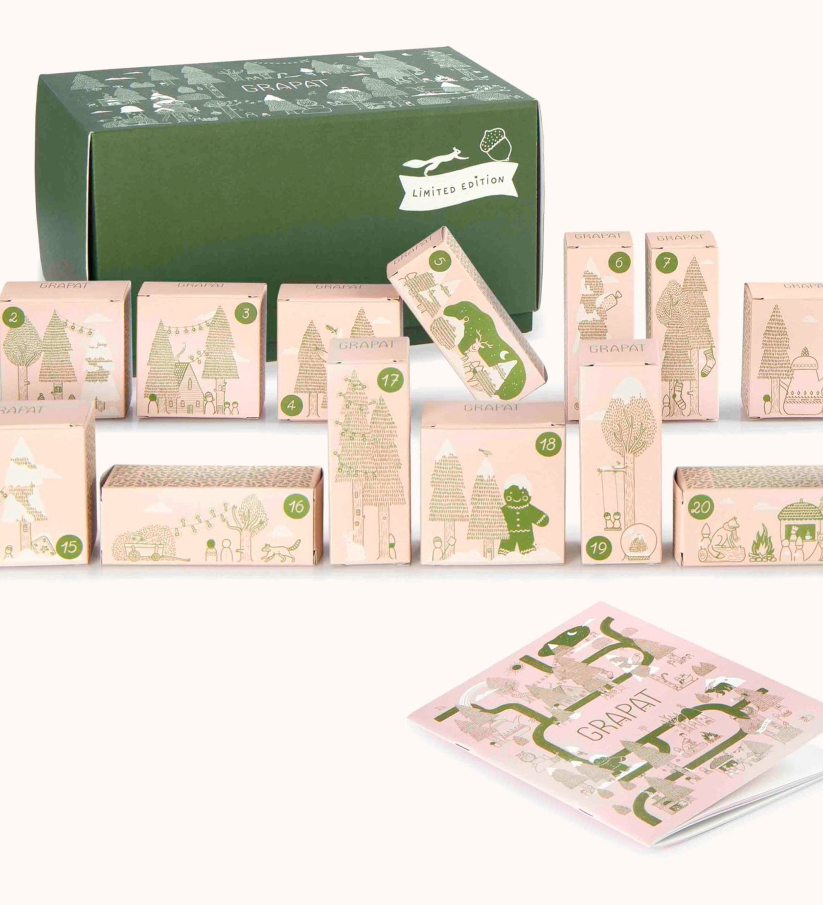 The Grapat advent calendar 2025 available at Babipur features 24 individual decorated small boxes with a matching booklet. 
