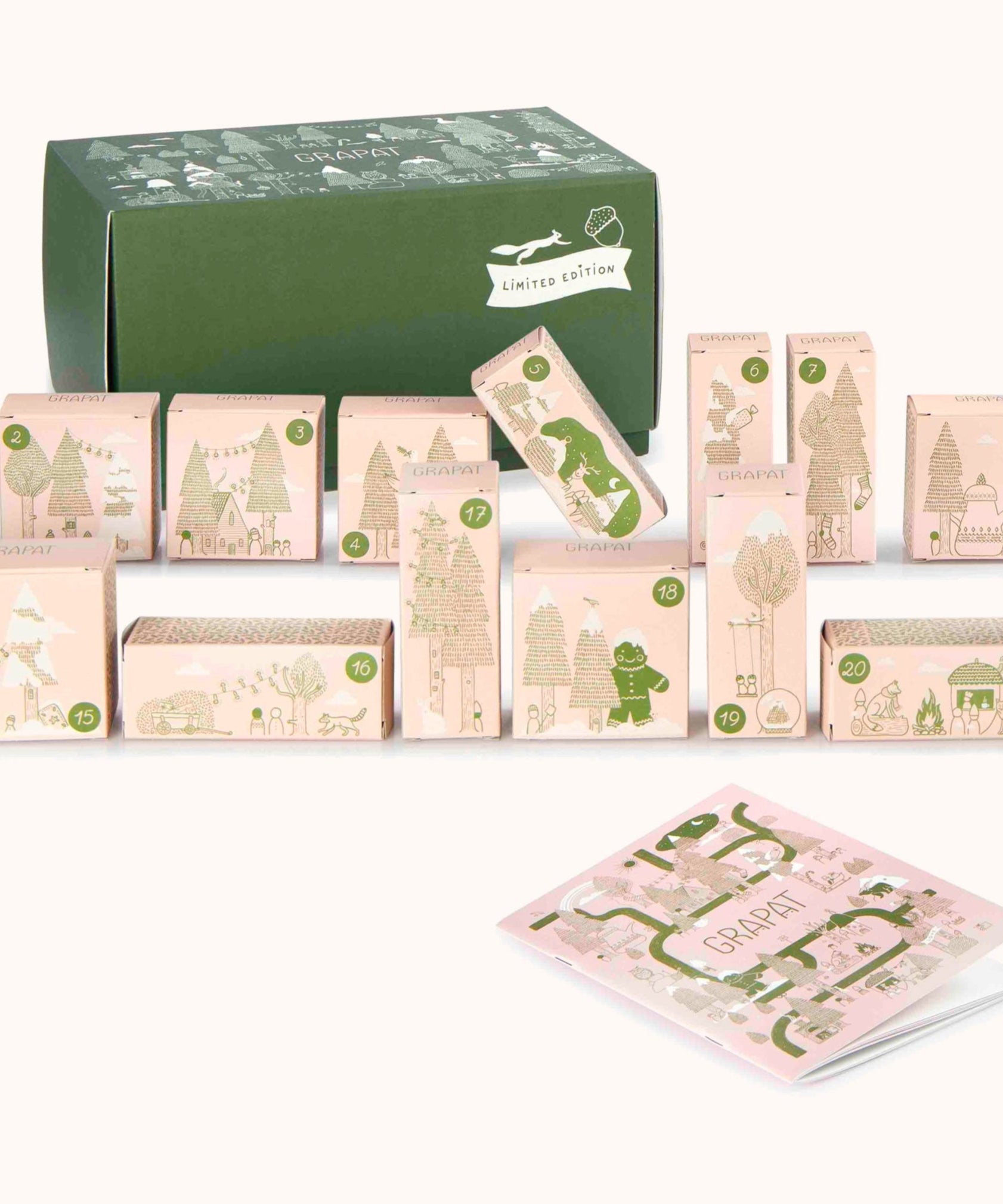 The Grapat advent calendar 2025 available at Babipur features 24 individual decorated small boxes with a matching booklet. 