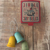 Grapat Wooden Christmas Ornaments - Jingle Joy Bells. Beautifully hand made, and hand painted Christmas ornaments, with an heirloom quality to be used year after year. Snow Buddy consists of 3 bell shaped ornaments, painted in yellow, blue and green with hand painted stars.