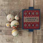 Grapat Wooden Christmas Ornaments - Wonder Balls. Beautifully hand made, and hand painted Christmas ornaments, with an heirloom quality to be used year after year. Snow Buddy consists of 5 snowball like ornaments, in various sizes and painted a spots or a stripe design with bright colours.