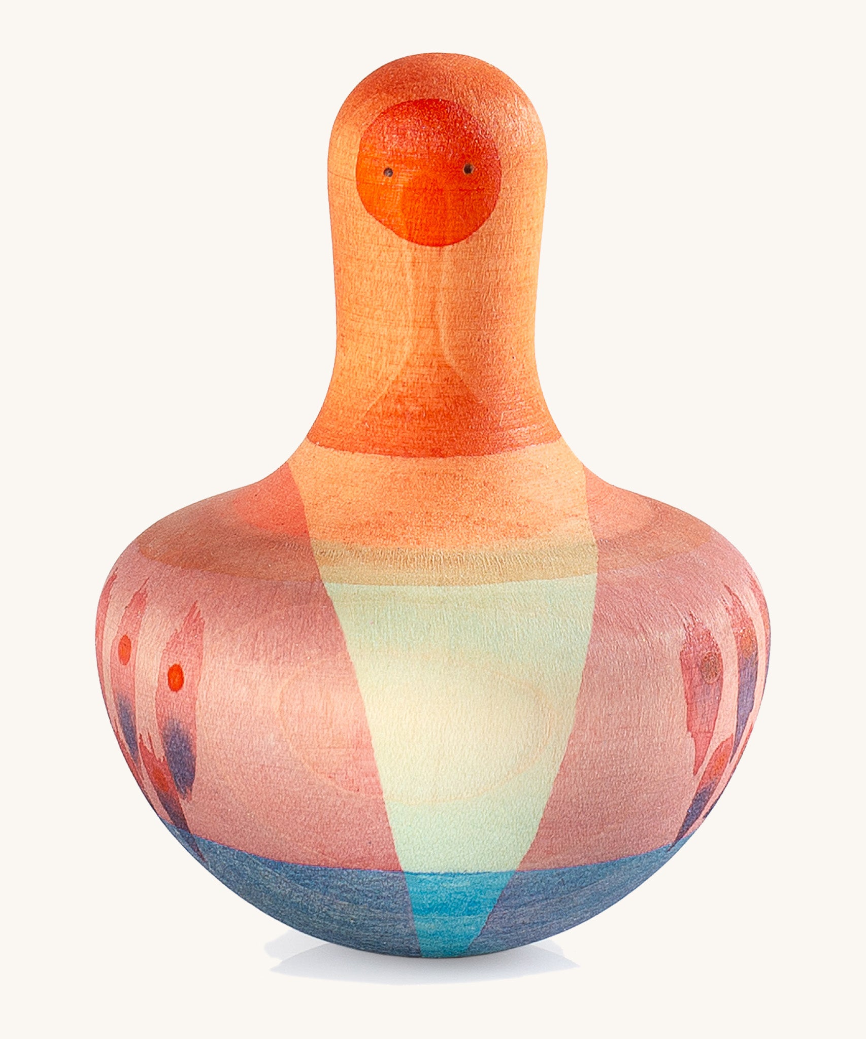 Grapat orange flowing bird - A vibrant tactile wooden orange wobbly bird with hand painted small face with light pint, purple and blue feathers 
