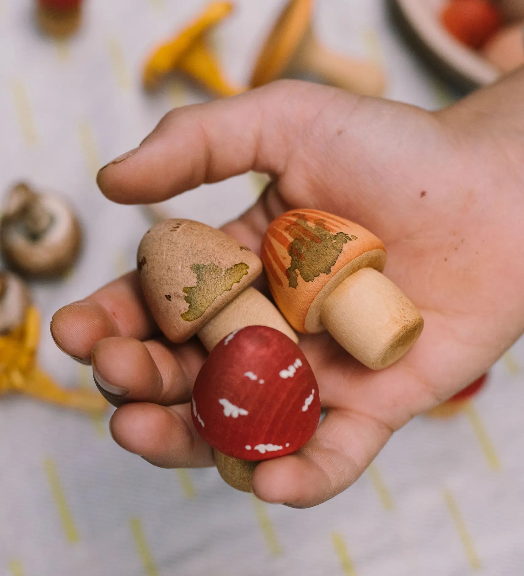Close up of a small child holding Grapat's handcrafted wooden mushroom pieces showing the hand painted detail of each piece