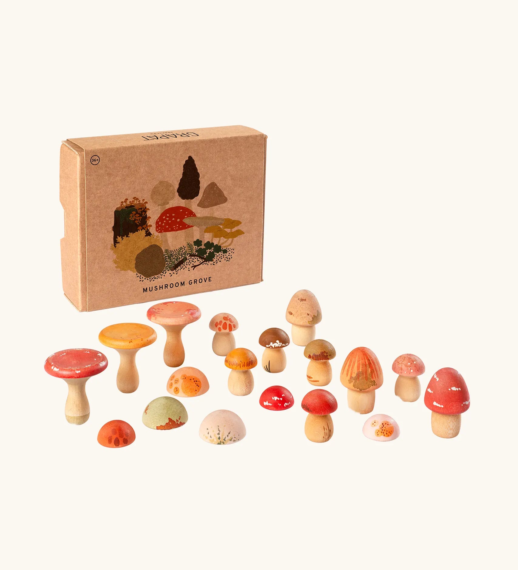 Grapat mushroom grove set showing different hand crafted wooden mushroom pieces standing next to a decorated cardboard box