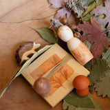 Grapat / Ostheimer hello Autumn wooden set available at Babipur. Handmade and hand painted wooden pieces set on a wooden surface with Autumn leaves