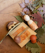Grapat / Ostheimer hello Autumn wooden set available at Babipur. Handmade and hand painted wooden pieces set on a wooden surface with Autumn leaves