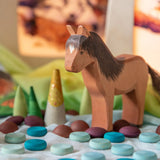 Grapat x Ostheimer Hrókur Icelandic Horse figure with Mandala Wooden Piece Set of 55 green, blue and burgundy loose parts.