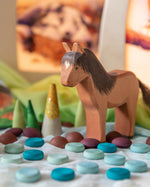 Grapat x Ostheimer Hrókur Icelandic Horse figure with Mandala Wooden Piece Set of 55 green, blue and burgundy loose parts.