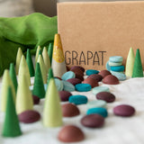 Grapat x Ostheimer Hrókur Horse Mandala Wooden Piece Set of 55 green, blue and burgundy loose parts.