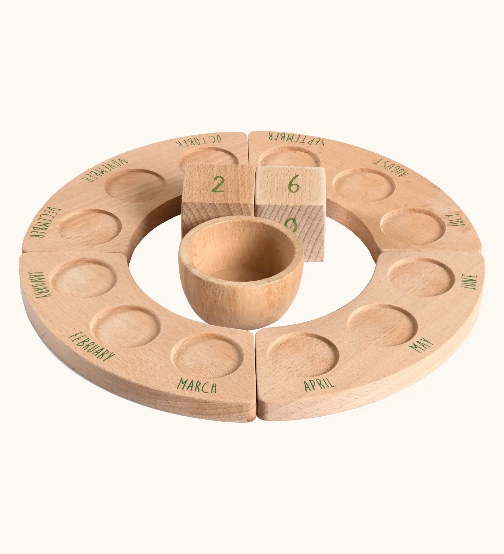 Grapat English Perpetual Calendar showing no nin peg dolls a display ring  and two day cubes and bowl