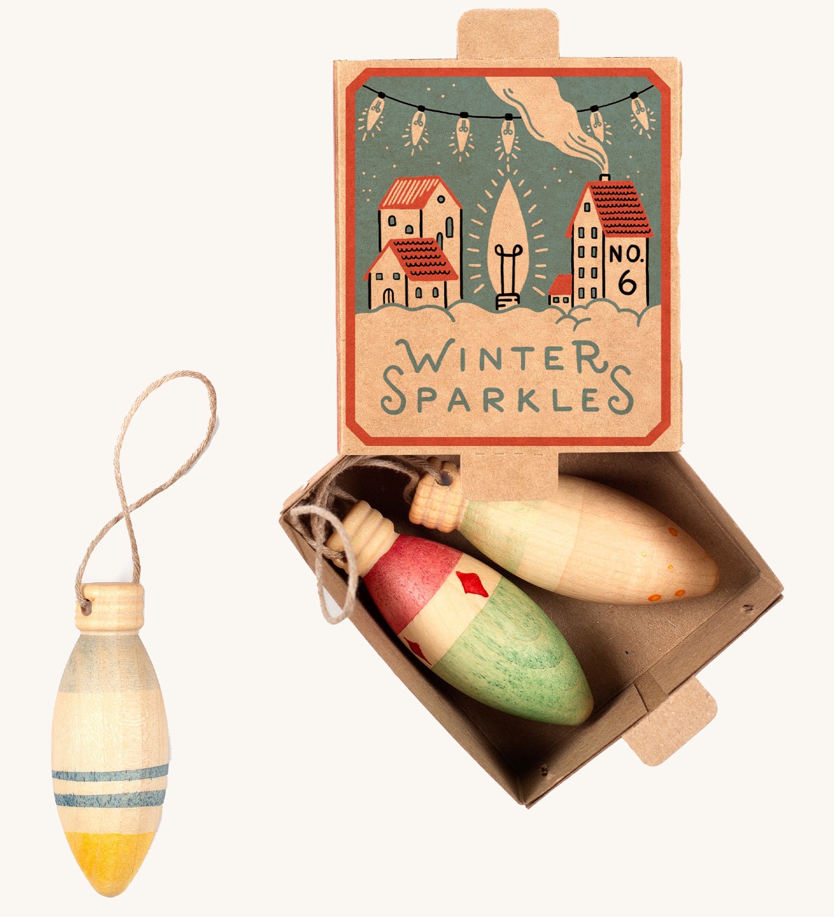 Grapat Handmade and handpainted Wooden winter sparkle decorations available at Babipur. Decorations are packaged in a winter inspired decorative  cardboard box