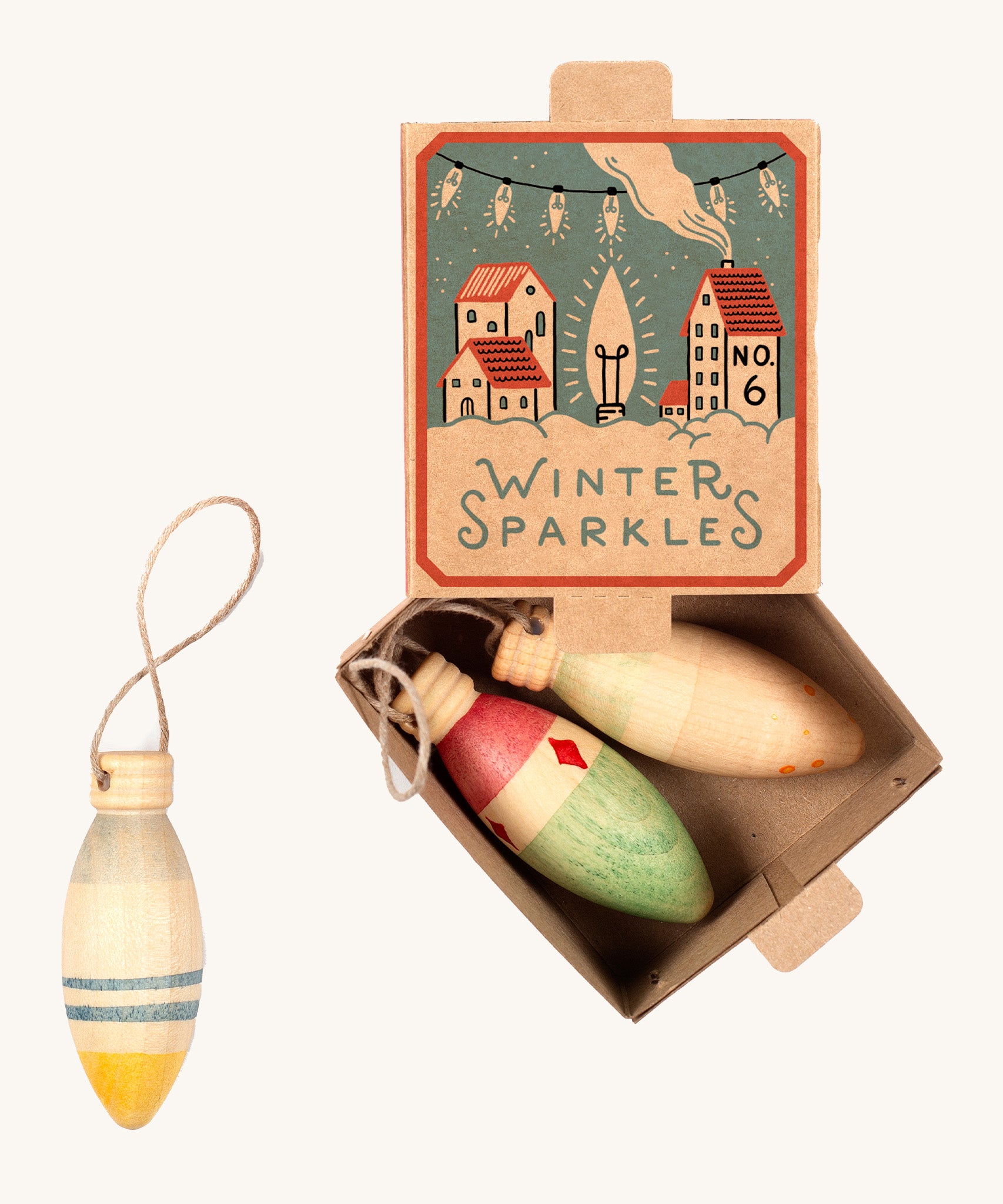 Grapat Handmade and handpainted Wooden winter sparkle decorations available at Babipur. Decorations are packaged in a winter inspired decorative  cardboard box