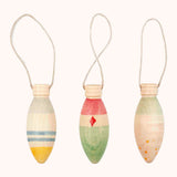 A set of 3 Grapat winter handmade and hand painted sparkle decorations available at Babipur. Each decoration is painted with a festive feel with a thread looping through