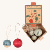 Grapat handmade and hand painted wooden wish balls decorations available at Babipur. Decorations are packaged in a winter inspired decorative  cardboard box