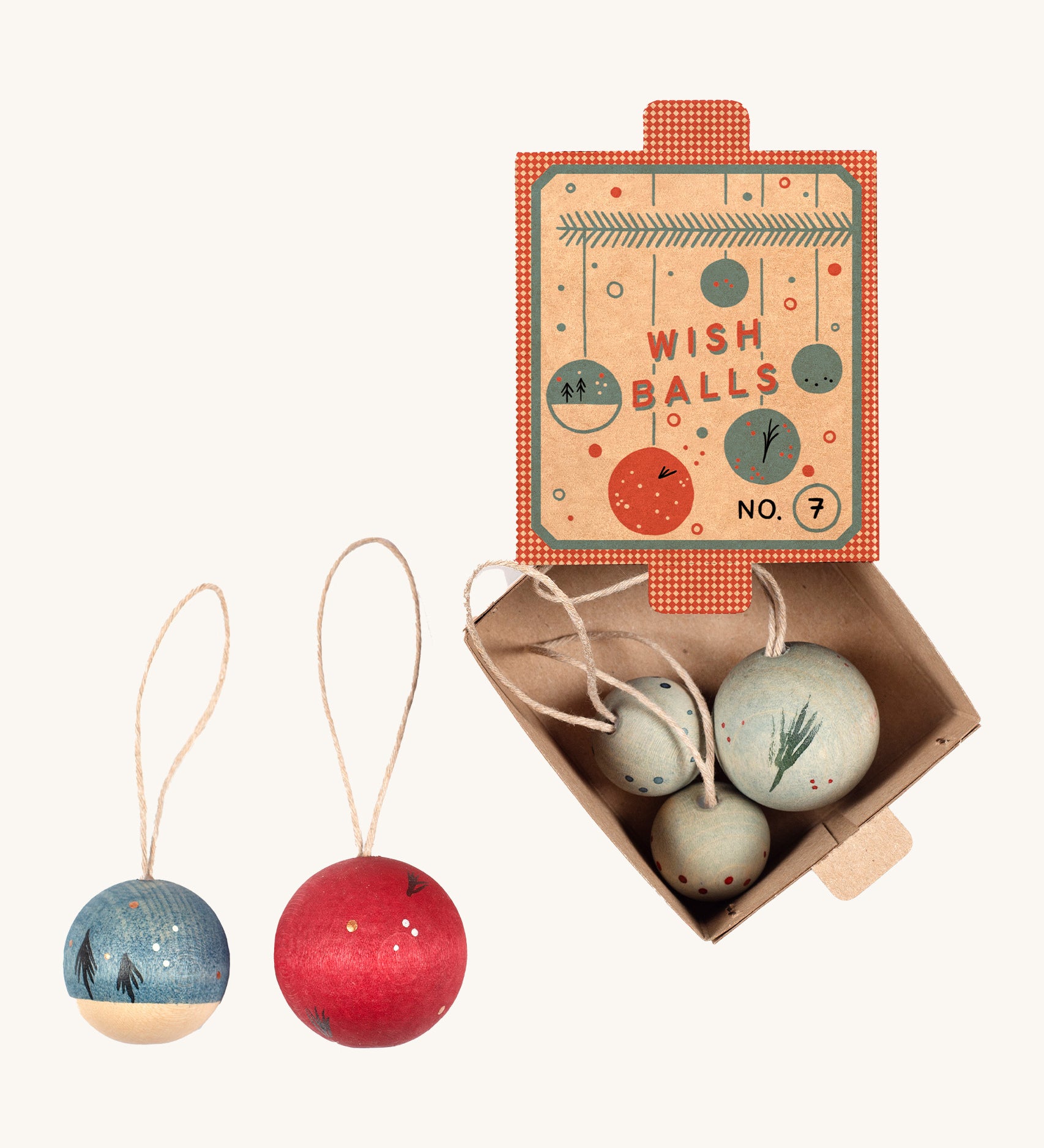Grapat handmade and hand painted wooden wish balls decorations available at Babipur. Decorations are packaged in a winter inspired decorative  cardboard box