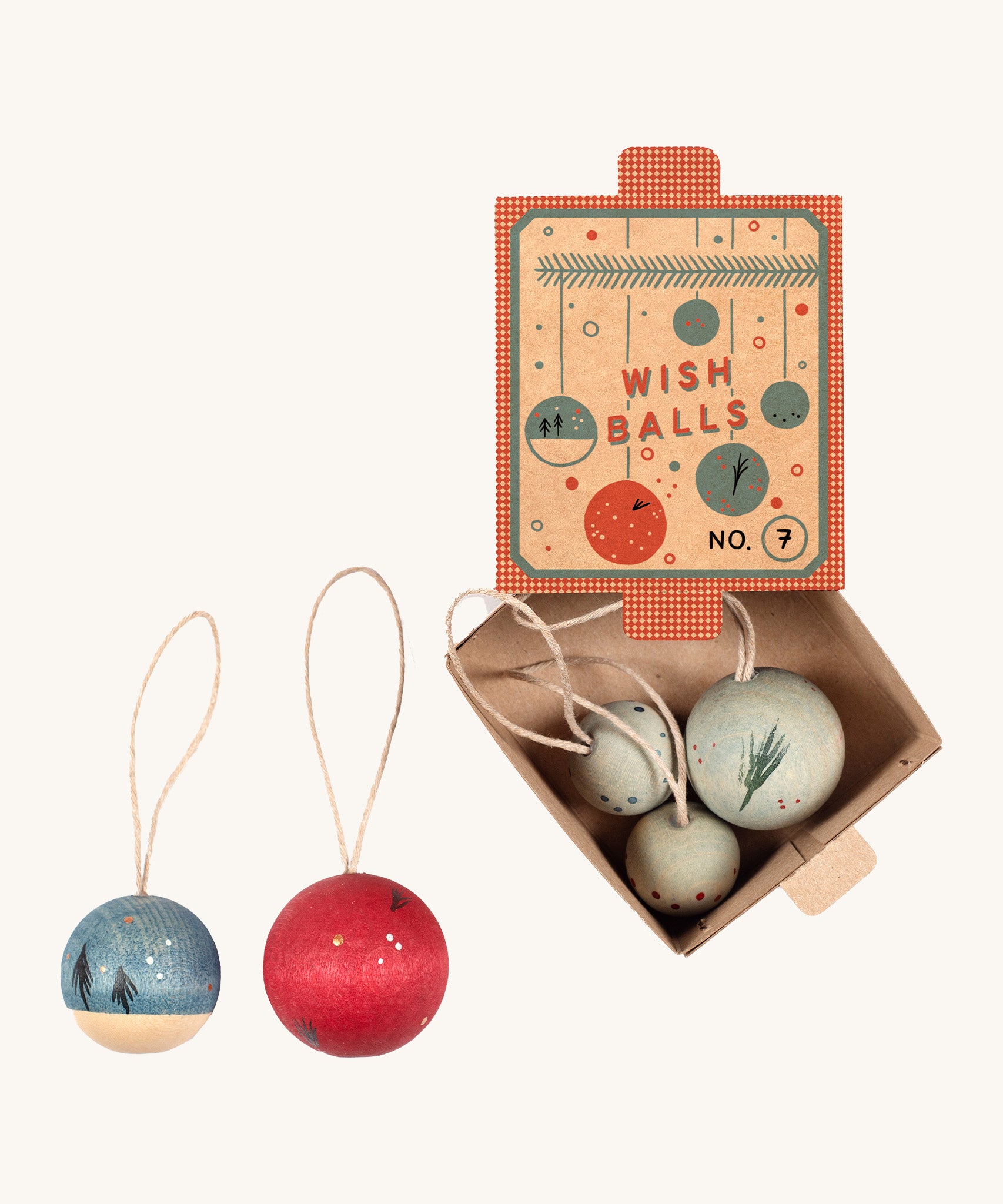 Grapat handmade and hand painted wooden wish balls decorations available at Babipur. Decorations are packaged in a winter inspired decorative  cardboard box
