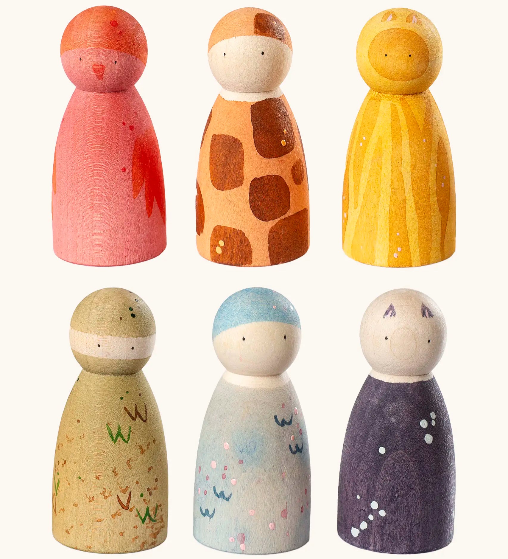 Grapat the animal crew set showing 6 hand crafted wooden peg dolls representing different wild animals. 