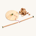 Grapat the pendlum set - handcrafted wooden pendulum. Features a wooden balancing board and wooden pole with different sized handcrafted wooden blocks next to the pendulum. Ideal for balancing games.