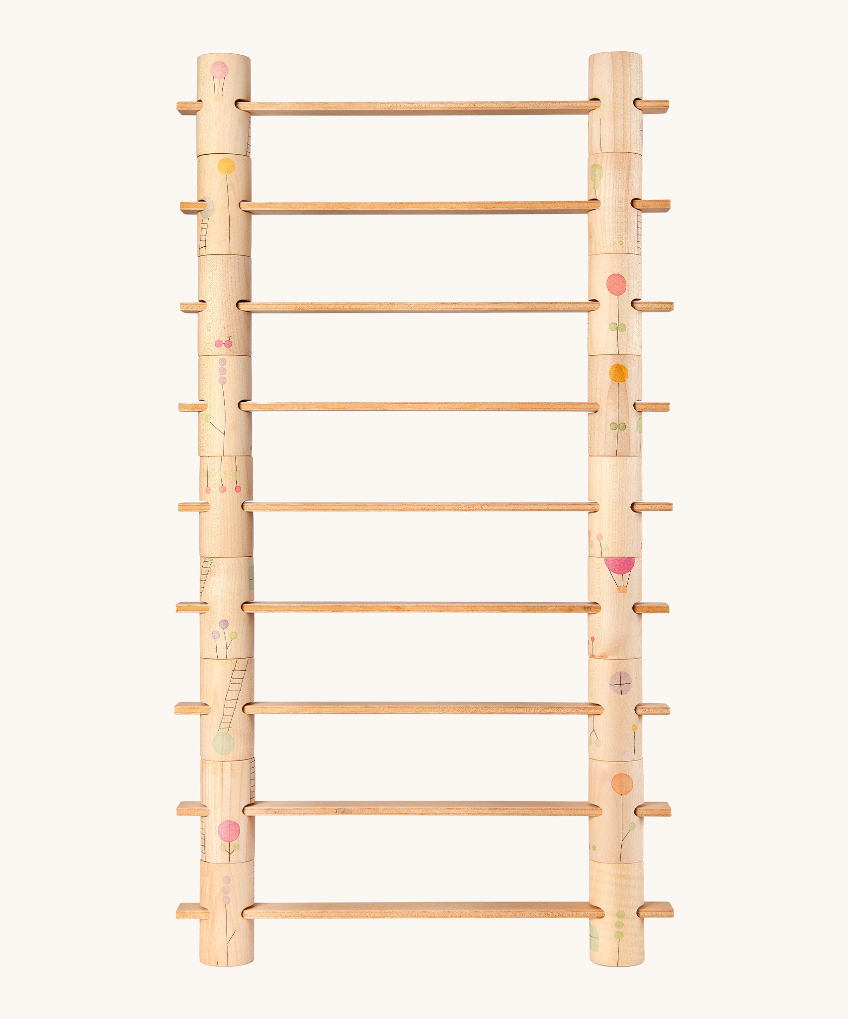 Grapat wooden woodland set - Features a combination of handcrafted and painted wooden tubes and planks.  Showing painted flowers, ladders and window detailing. Ideal for small world building and stacking games. 