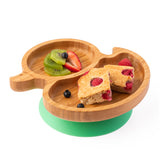 Eco Rascals Duck Bamboo Suction Plate, with fresh fruit and raspberry loaf.