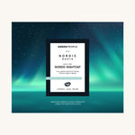 Green People Nordic Nightcap Skincare Gift Set Box. The box has an image of the Northern Lights and starry night sky on the front